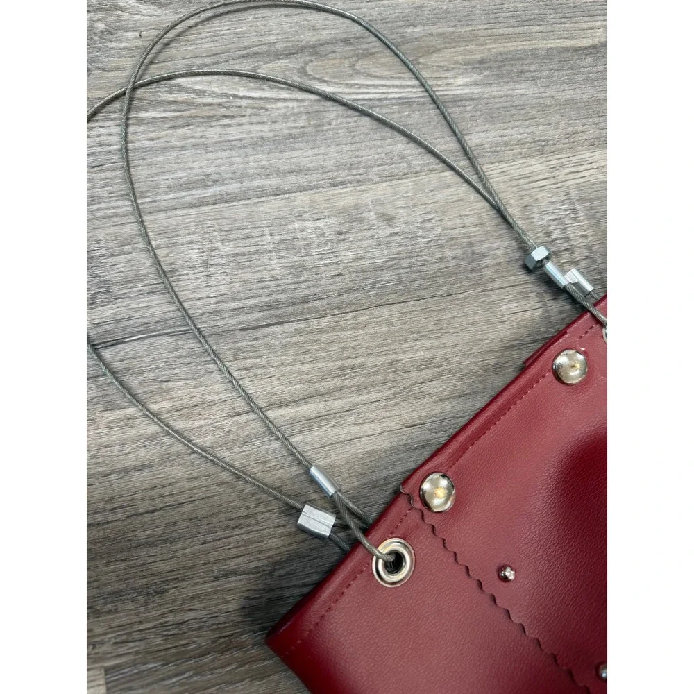 Hardwear by Renee Red Vegan Leather Studded Bucket Bag with Wire Cable Straps